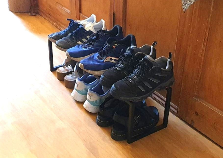 Modern steel shoe rack. Handmade and crafted in the UK