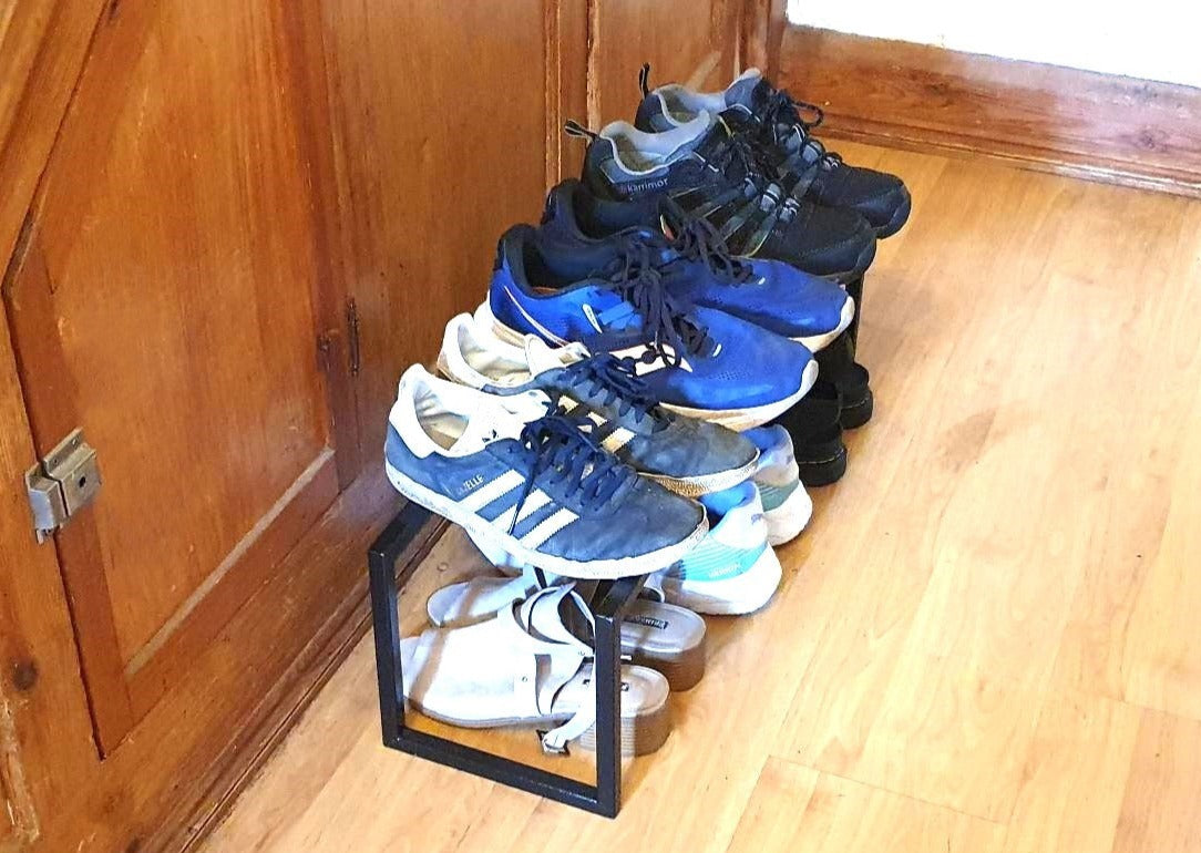 Modern steel shoe rack. Handmade and crafted in the UK