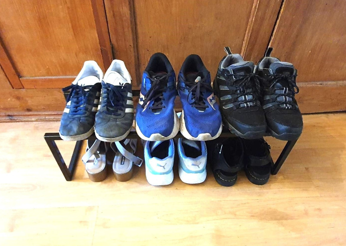 Modern steel shoe rack. Handmade and crafted in the UK
