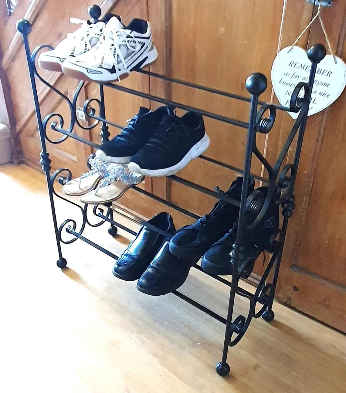 Four tier wrought iron shoe rack. Heart-shaped. Handmade and crafted in the UK